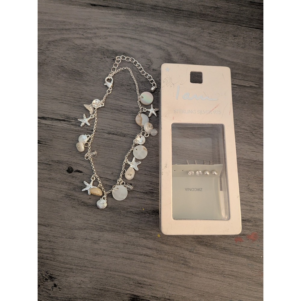 I AM Sterling Silver 925 Starfish Shell Charm Anklet & Zirconia Stud Earring Set